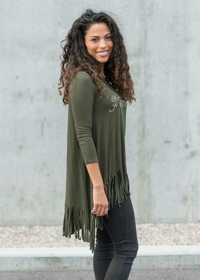 Womens Long Sleeve Irregular Hem T Shirt Spring Collection Fringe Detail Casual Style Wholesale Available