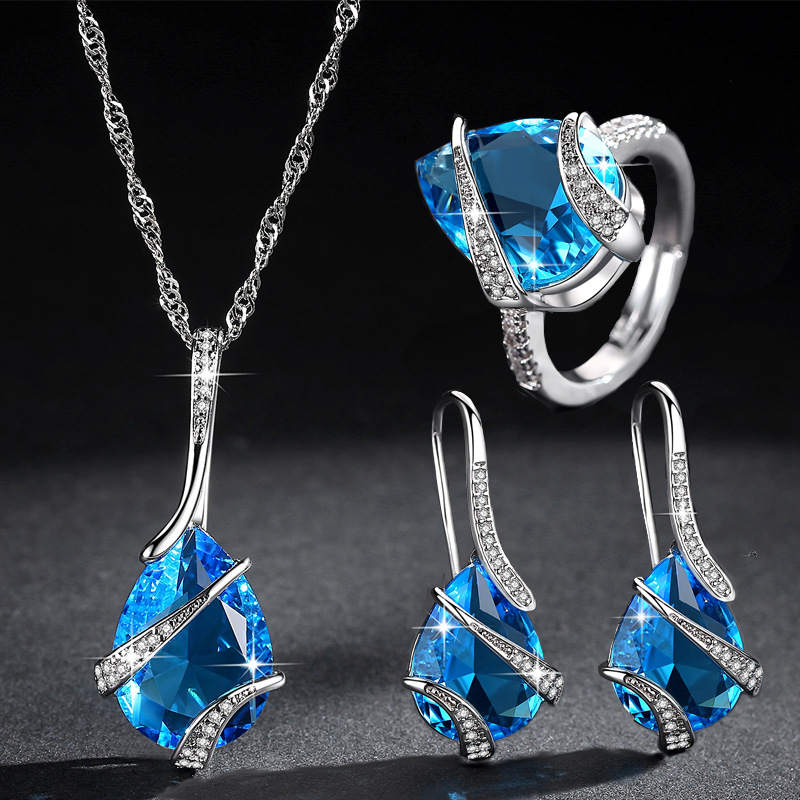 New Aquamarine Water Drop Earrings Necklace Ring Natural Topaz Jewelry Set Wholesale Nihaojewelry display picture 18