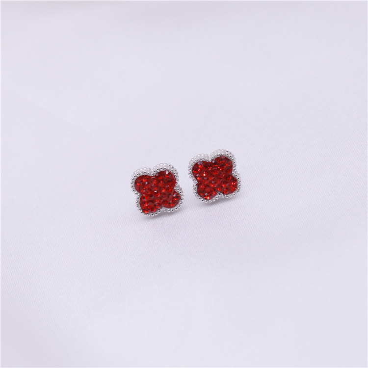 新款S925银针韩国耳环时尚精致镶红钻四叶草气质耳钉耳坠女