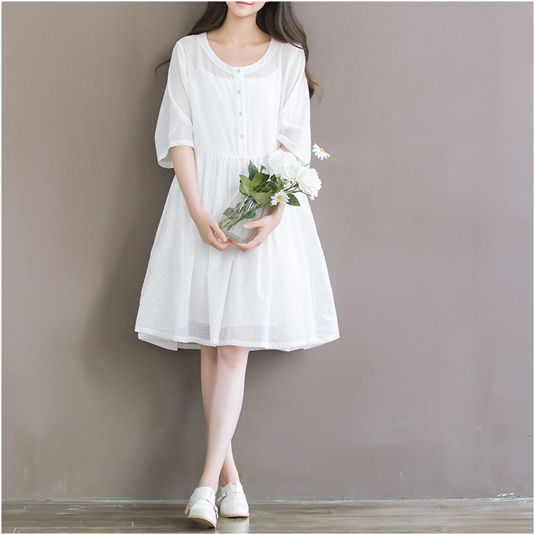 2021夏季女装森系文艺小清新白色仙女棉布中袖宽松连衣裙两件套