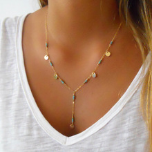 欧美风性感项饰 特色手工链松石圆片吊坠项链 lariat Y形饰品颈链