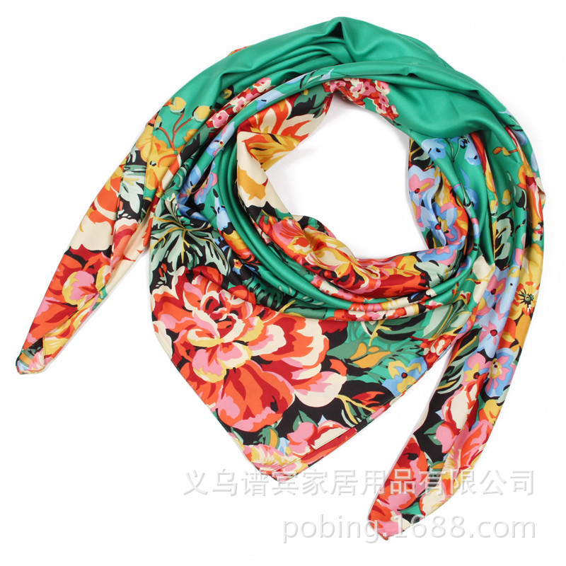 New Style Twill Imitation Silk 130cm Flowers Large Square Scarf display picture 11