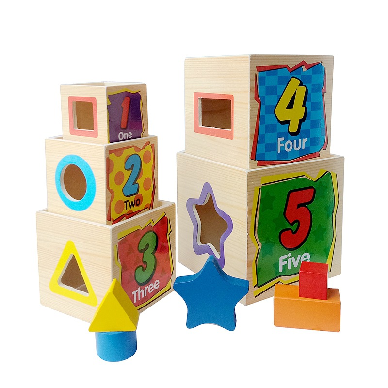 木制玩具 木质五层套盒 儿童益智数字形状积木配对大号套盒 叠塔