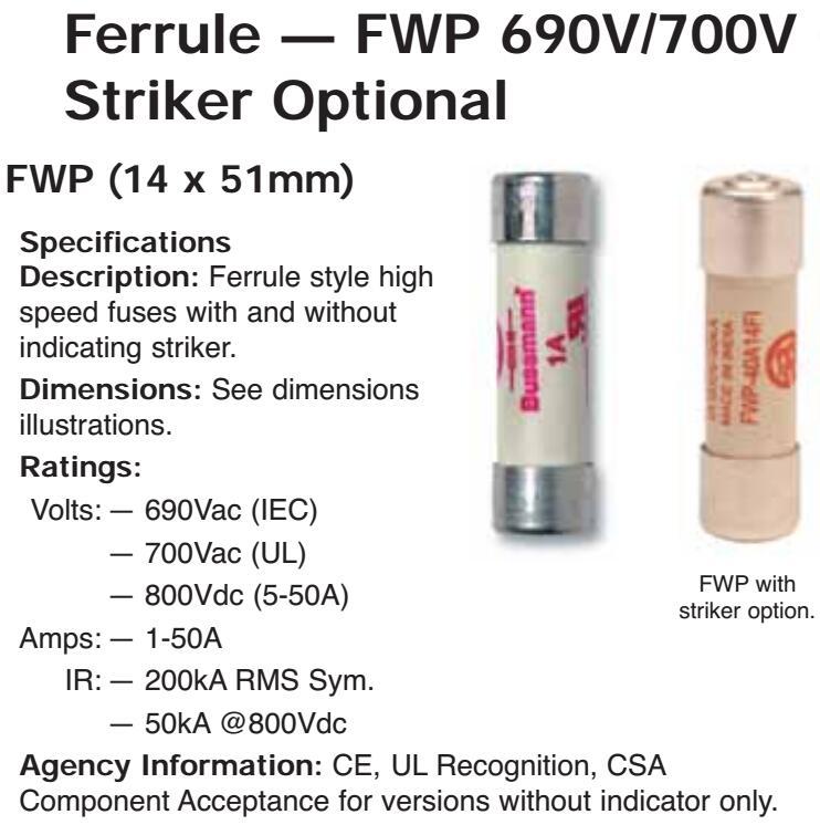 Fusible Eaton Bussmann FWP-40A14Fa 40A 700V – Neuf, 1 Pièce