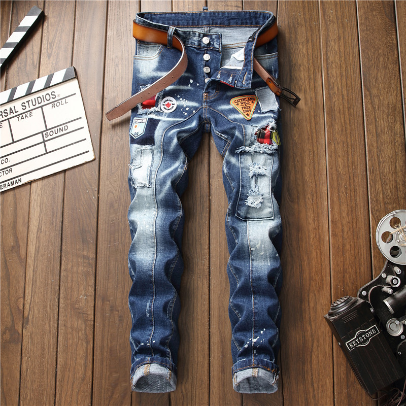 2020 Cheap Motorcycle Jeans Men Tattered Splash Paint Stitching Stretch ...