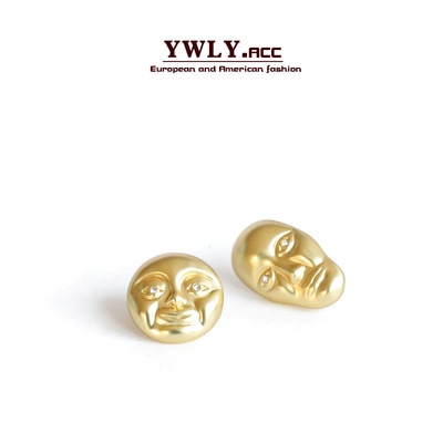 欧美搞怪人脸耳钉 ins简约面瘫脸夸张面具圆形哑光金复古个性耳饰|ms