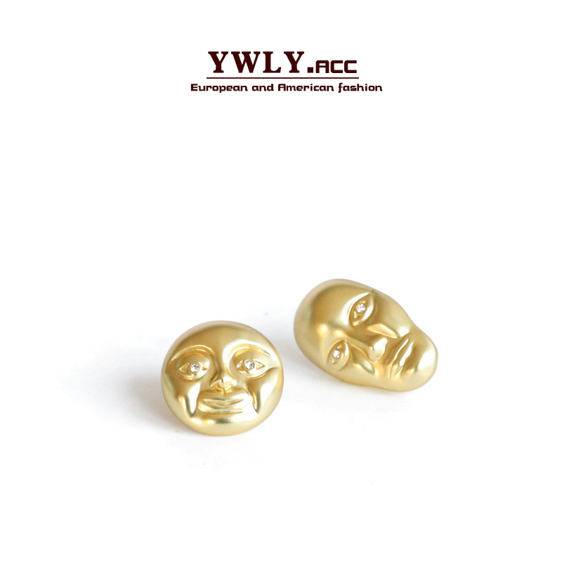 欧美搞怪人脸耳钉 ins简约面瘫脸夸张面具圆形哑光金复古个性耳饰|ms