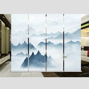 枫桥窗帘新中式山水画窗帘办公卷帘禅意艺术屏风隔断帘窗帘定制-阿里巴巴