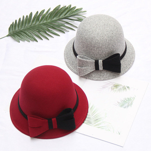 Korean style autumn and winter women's woolen hat two-color large bow basin hat dome elegant temperament felt hat top hat