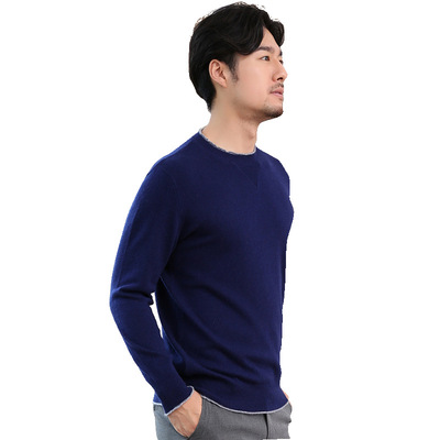 秋冬季圆领保暖韩版羊绒衫加厚套头撞色毛衣针织衫男简约上衣