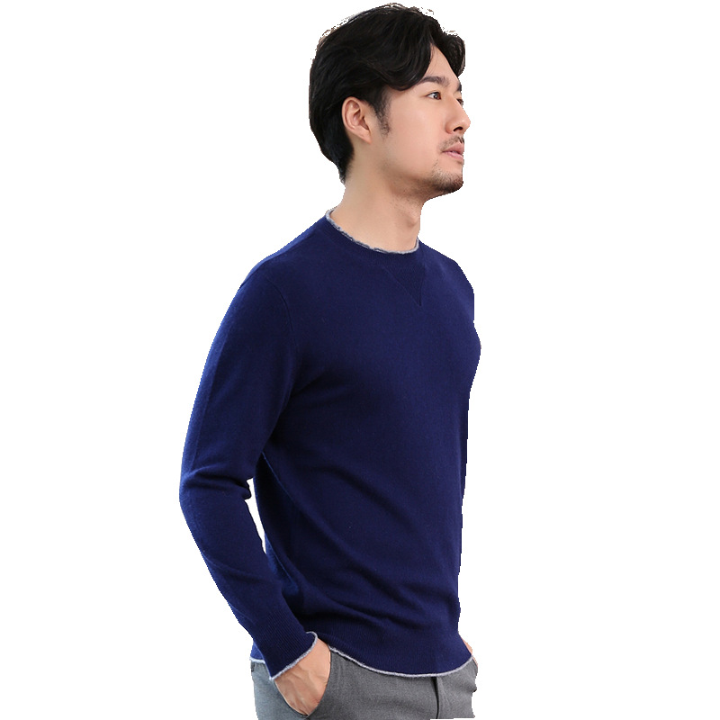 秋冬季圆领保暖韩版羊绒衫加厚套头撞色毛衣针织衫男简约上衣