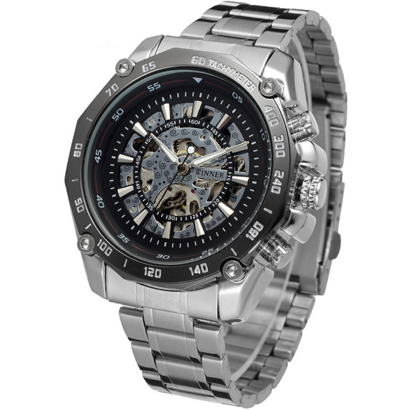 Venta caliente de los hombres de T-WINNER427 casual reloj mecánico automático hueco-fuera de la correa de acero inferior transparente reloj de negocios mecánico