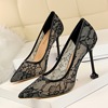 European and American fashion sexy nightclub lace hollow net thin shallow mouth pointed high heel women’s single shoes