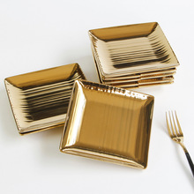 金色陶瓷餐具歐式奢華橫紋四方形陶瓷碟子豎紋點心碟水果盤子