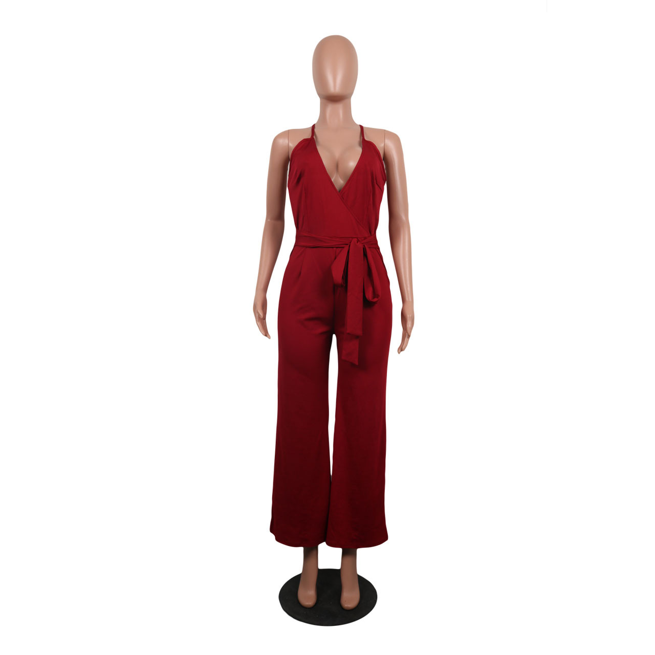 Summer Popular Classic Solid Color V neck Brace Jumpsuit