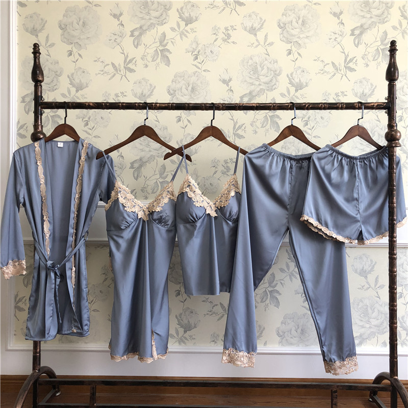 春夏季女士新品五件套睡衣冰丝胸垫吊带裙睡袍吊带短裤网红家居服|ms