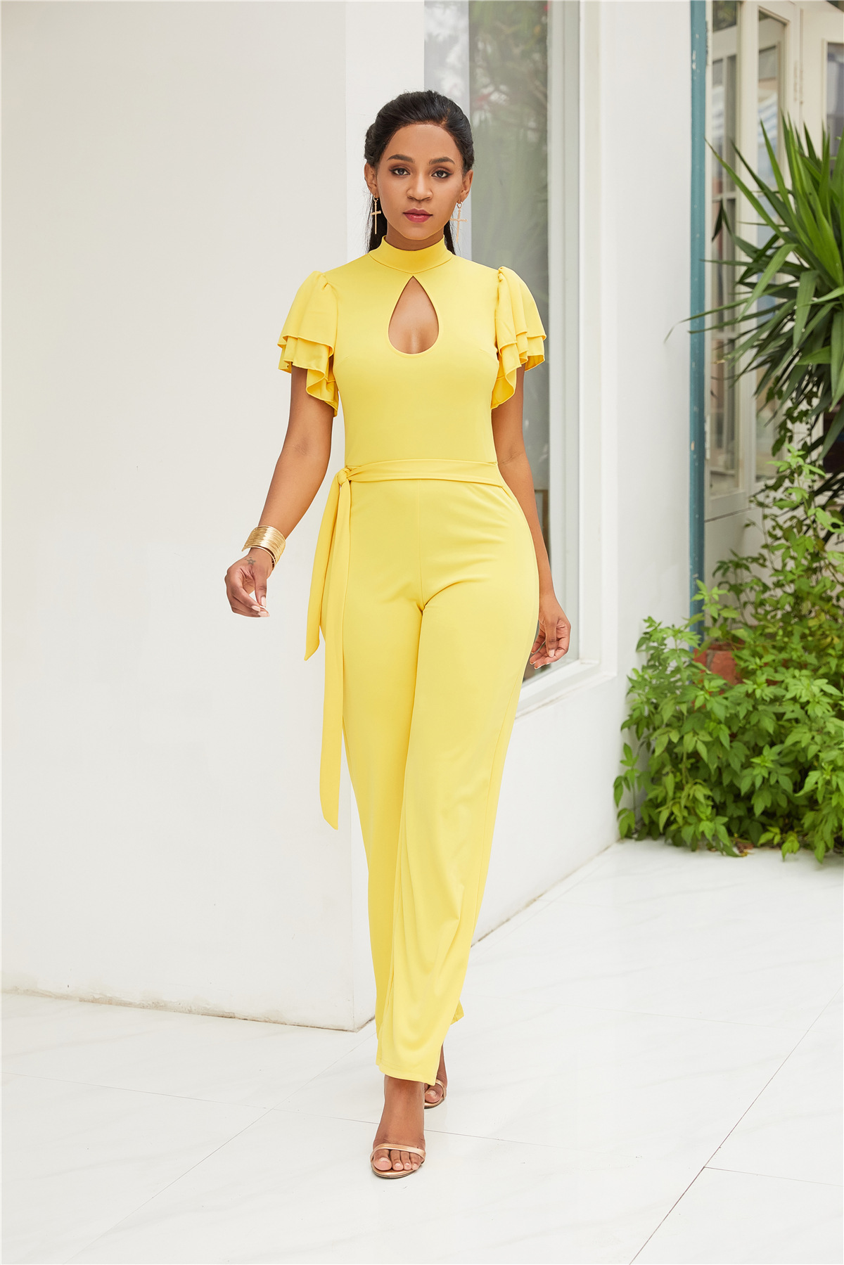 high-neck hollow ruffled short-sleeved jumpsuit NSLM39471