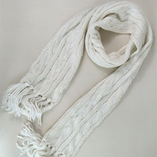 秋冬女款欧美针织粗毛线长围巾 白色绞麻花百搭流苏保暖围巾
