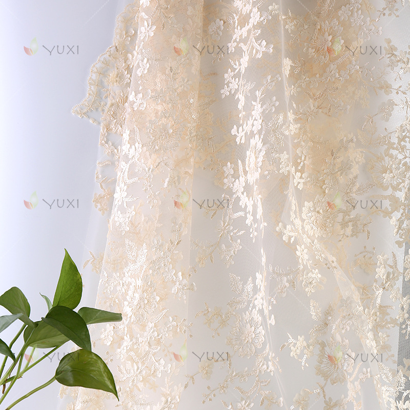 欧美单热销高档立体激光绣亮片面料婚纱礼服时装布布绣花面料