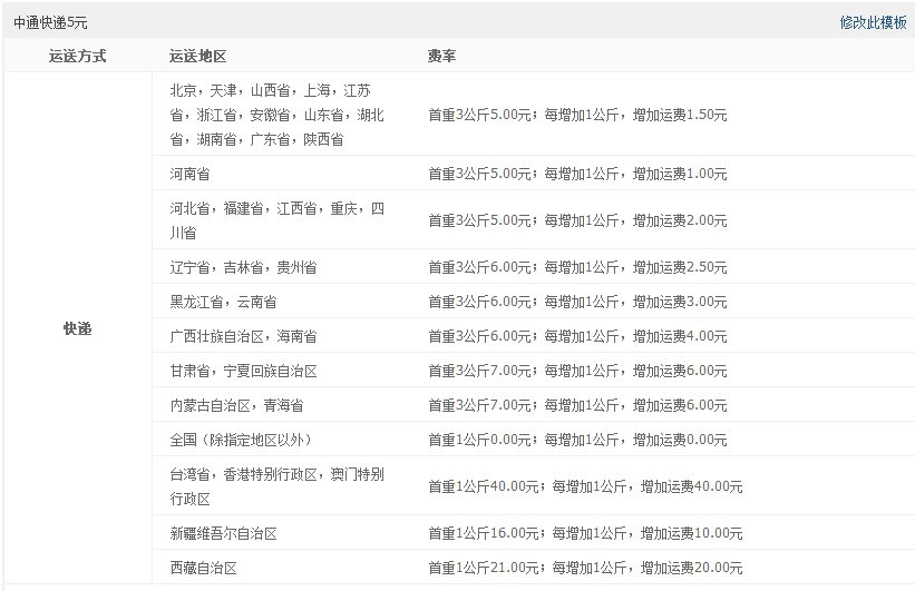 中通运费模板