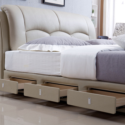 北欧头层真皮软床 简约现代小户型双人皮艺床 主卧储物软包婚床