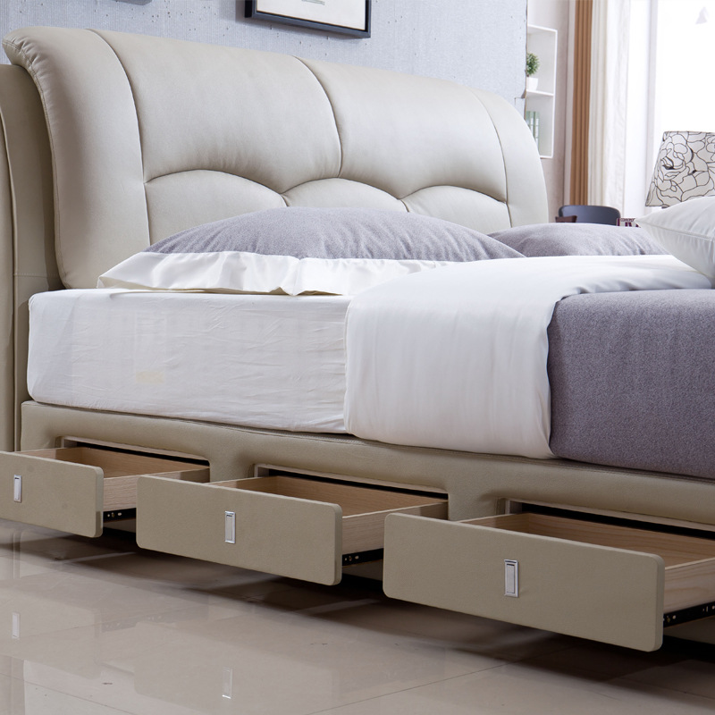 北欧头层真皮软床 简约现代小户型双人皮艺床 主卧储物软包婚床