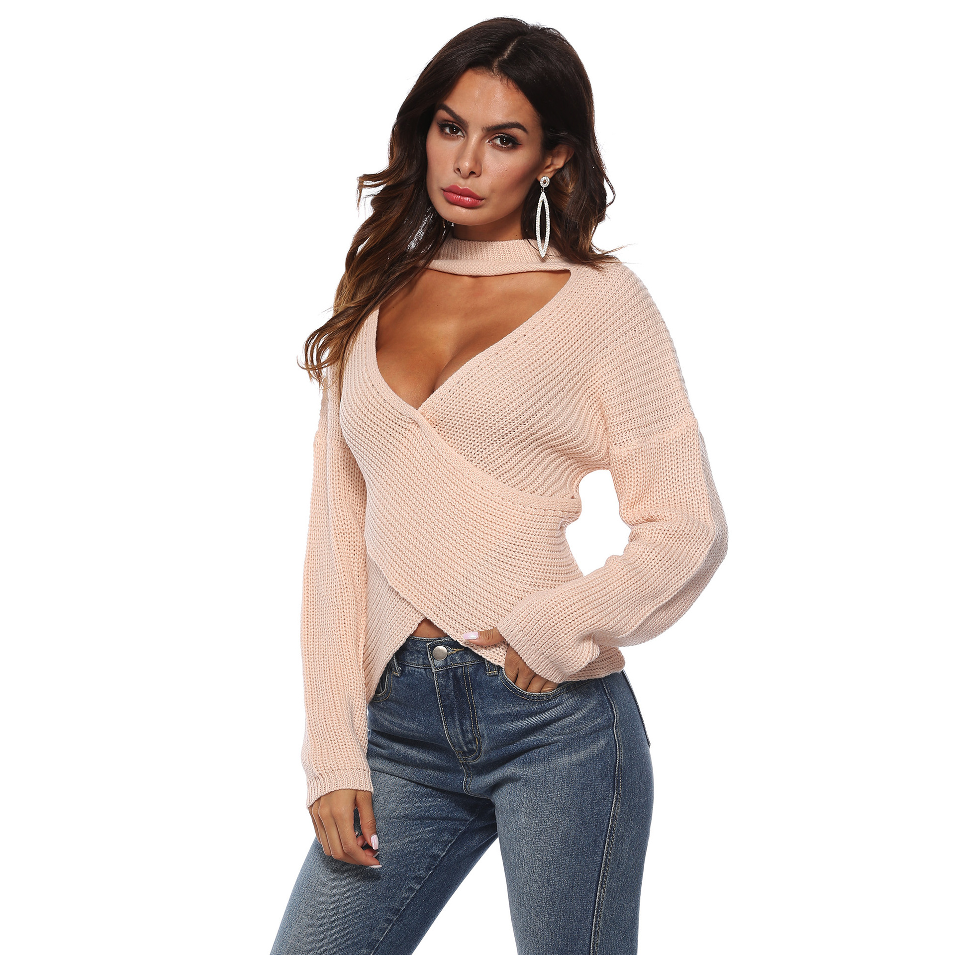 Knit Sweater Sexy Cross Front Design Long Sleeve High Neck Irregular Hem Autumn Winter Fashion Wholesale Available