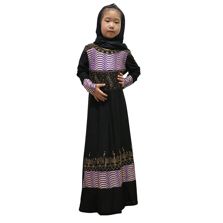 08F12中东女童装亚马逊烫钻拼接连衣裙义乌工厂一件代发