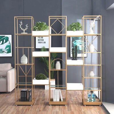 北欧简约客厅玻璃书架 创意金色铁艺隔断置物架 多层落地收纳架|ms