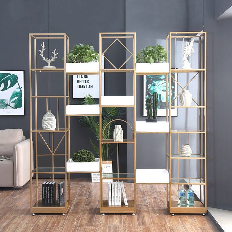 北欧简约客厅玻璃书架 创意金色铁艺隔断置物架 多层落地收纳架|ms