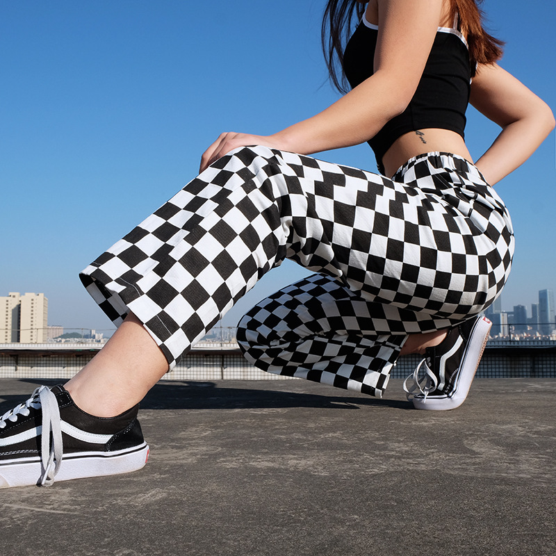 e compridas, calças de hip hop Y2K, xadrez