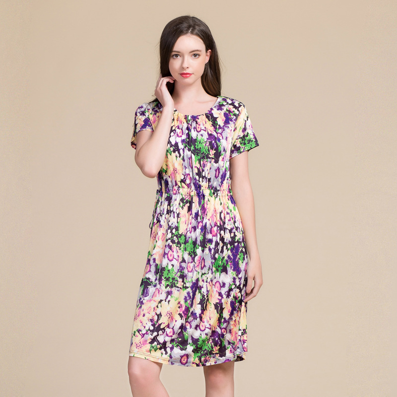 Womens Floral Print Short Sleeve Knitted Silk Dress Loose Fit Adjustable Drawstring Long Length Spring Summer