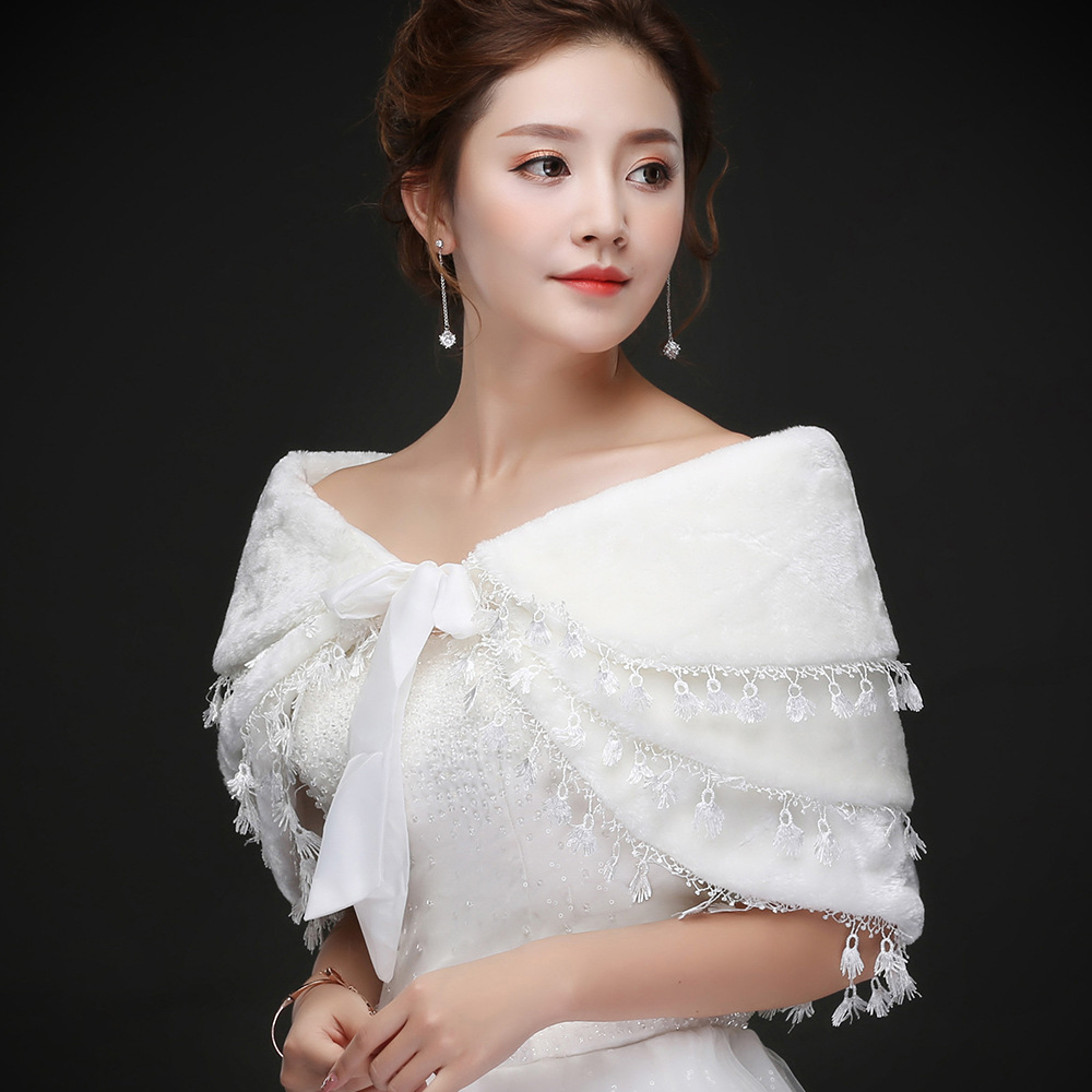 跨境亚马逊新娘毛绒披肩婚纱礼服冬季保暖三层流苏披肩速卖通