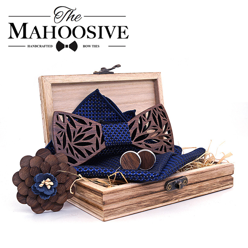 Cross-Border Wooden Bow Tie, Wooden Handmade Men's Wooden Cufflinks, Corsage, Square Scarf Set, Wedding Bow Tie Accessories