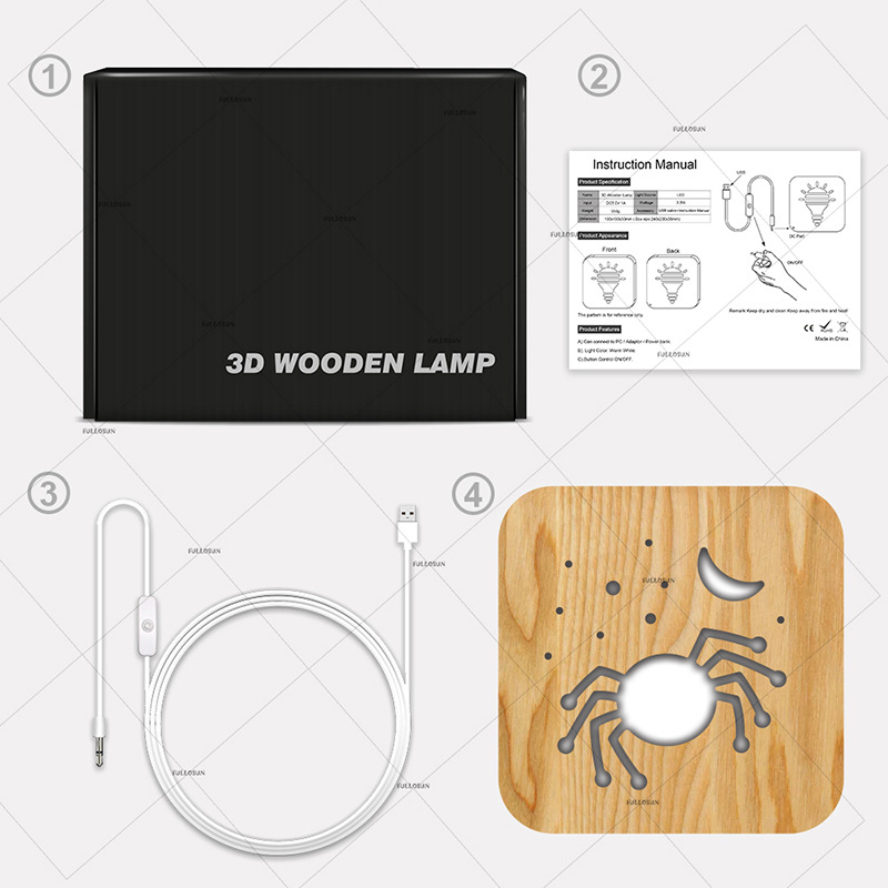 跨境万圣节蜘蛛创意灯 新款3D LED 木质小夜灯FS-T1897W