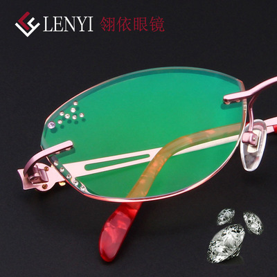 高档镶钻手工订制时尚无框钻石切边眼镜女士优雅气质成品眼镜