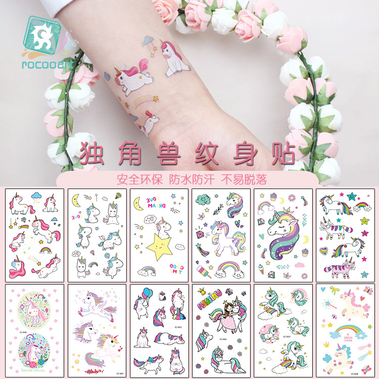 跨境現貨防水兒童紋身貼紙 卡通獨角獸紋身貼 臨時動物文身臉部