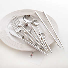 网红INS刀叉勺筷子 葡萄牙风格304不锈钢刀叉勺长柄咖啡勺水果叉