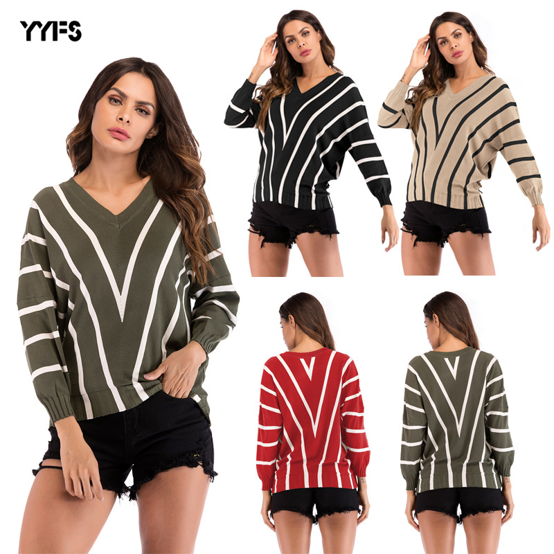 2018 New winter European and American Women wish Best Sellers stripe V. Sweater Easy Sleeve of bat Primer jacket