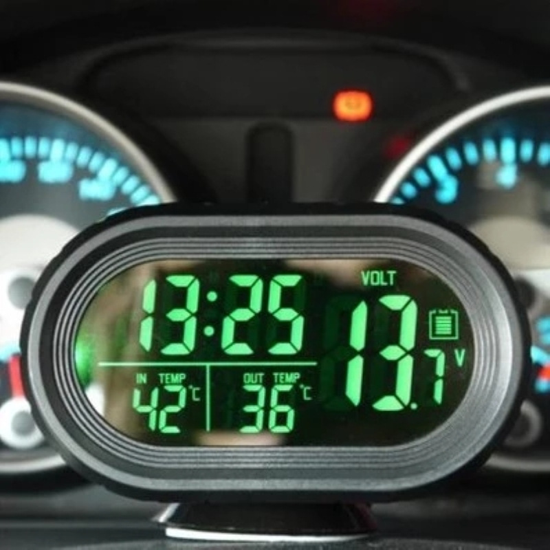 创意车载时钟汽车温度计电压表车内外温度检测车用电子表 夜光