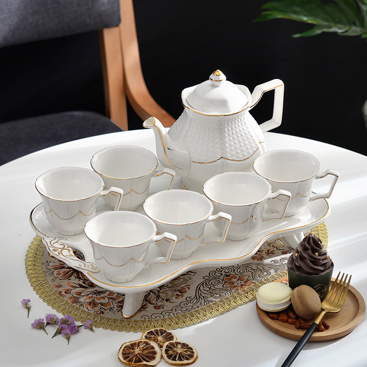 描边冷水壶组合创意骨质瓷茶具套装潮州陶瓷欧式下午茶杯碟礼盒装