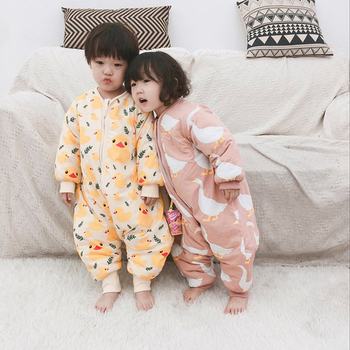 Children's winter sleeping bag, baby's pure cotton anti-kick quilt, split-legged baby's extra-large thickened quilted cartoon one-piece pajamas