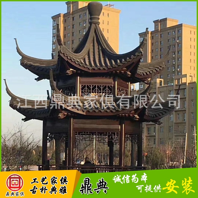 江西防腐木凉亭厂家定制批发户外仿古古建双层六角凉亭八角新农村|ru