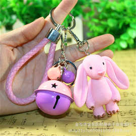 韩版可爱小熊兔子铃铛皮绳钥匙扣挂件创意卡通小熊小兔字批发