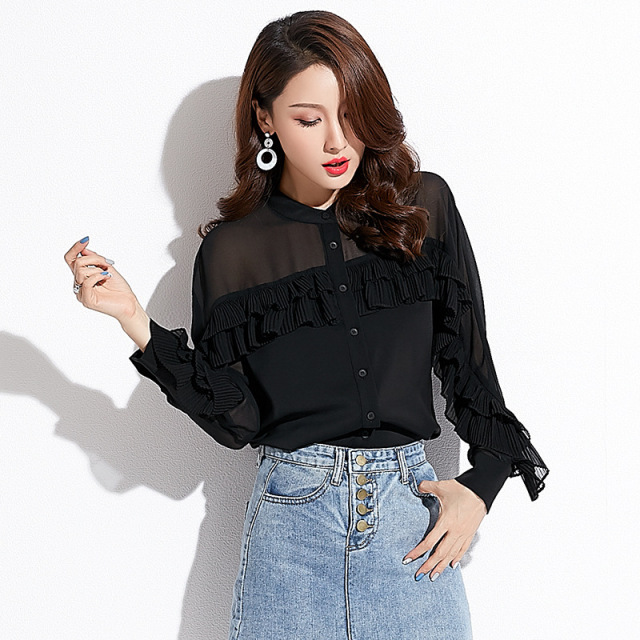 Slim temperament ruffled chic stand collar shirt chiffon shirt  