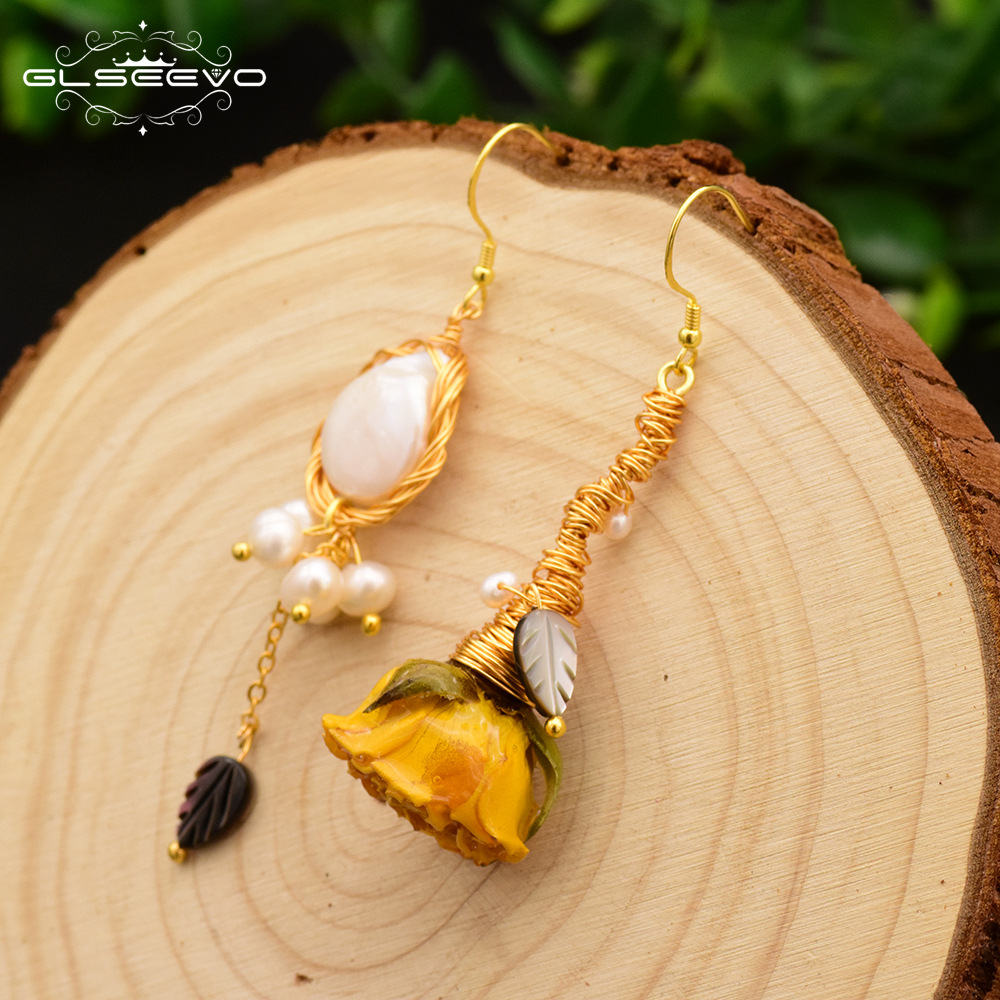 GLSEEVO 天然珍珠耳環歐美複古花朵耳墜 S925純銀長款耳環女批發