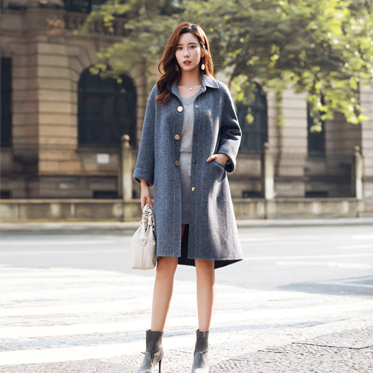 秋冬气质新款女装阿尔巴卡人字纹呢大衣双面羊绒大衣呢外套女2018