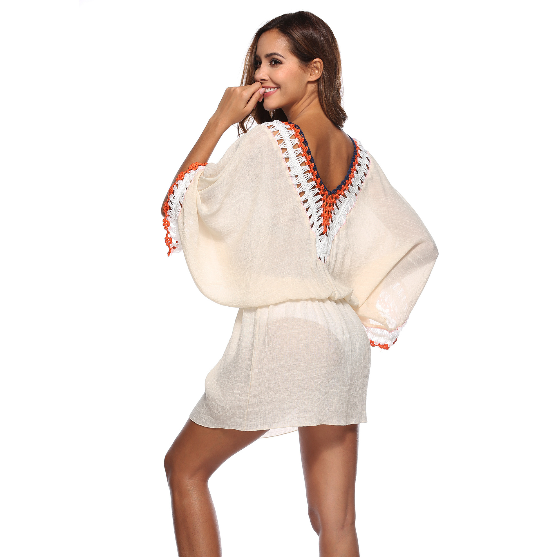 Hand Crocheted Beach Dress V Neck Batwing Sleeves Irregular Hem Sun Protection Cover Up Wholesale Available