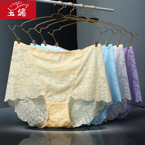 Yumei 252 sexy women's underwear high waist lace hollow transparent plus fat plus size fat mom triangle underwear for women