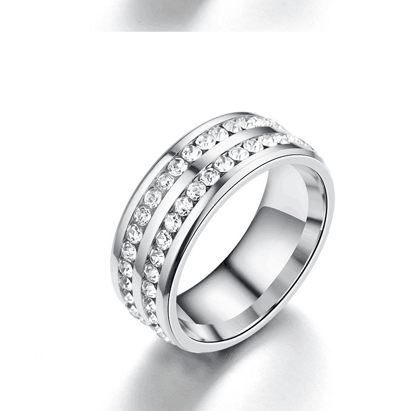 Transfrontalier Européen Et Américain En Acier Titane Double Rangée De Diamant De Mode Coréenne Bague En Diamant En Acier Inoxydable display picture 4